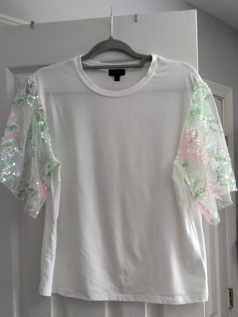 White Short-Sleeve Tee with Pink & Green Sequin Flutter Sleeves